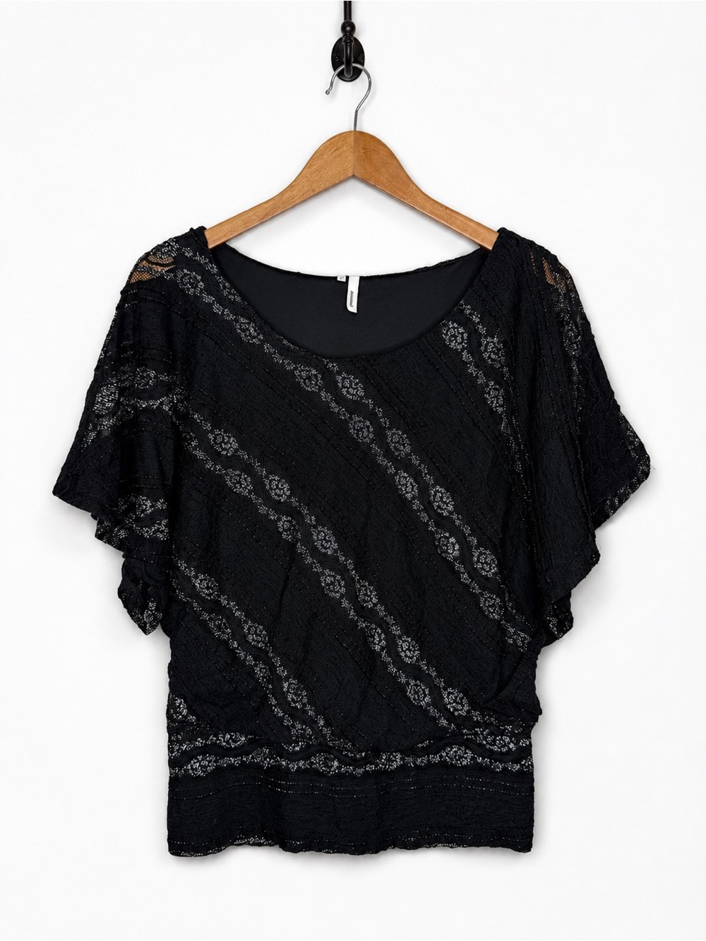 Studio Y Small Black Metallic Lace Batwing Dolman Sleeve Blouson Top